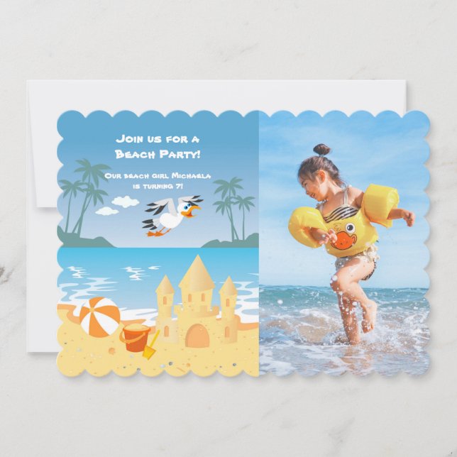 Beach Sand Castle birthday party photo invitation (Front)
