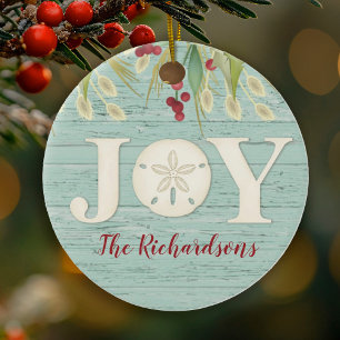 Beach Sand Dollar Christmas Joy Photo Ceramic Ornament