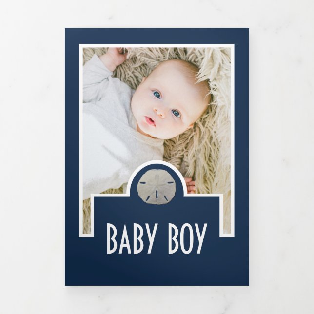 Beach Sand Dollars, 6 Photo Collage Baby Birth Tri-Fold Announcement (Cover)