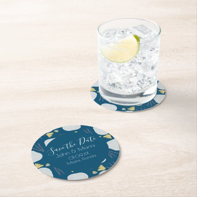 Beach Sand Dollars Botanical Save the Date Round Paper Coaster (Insitu)