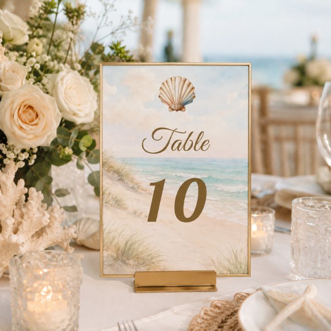 Beach sand dunes watercolor seashell table number (Creator Uploaded)