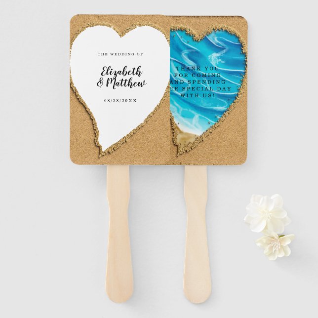 Beach Sand Heart Seashore Wedding Hand Fan (Front and Back)