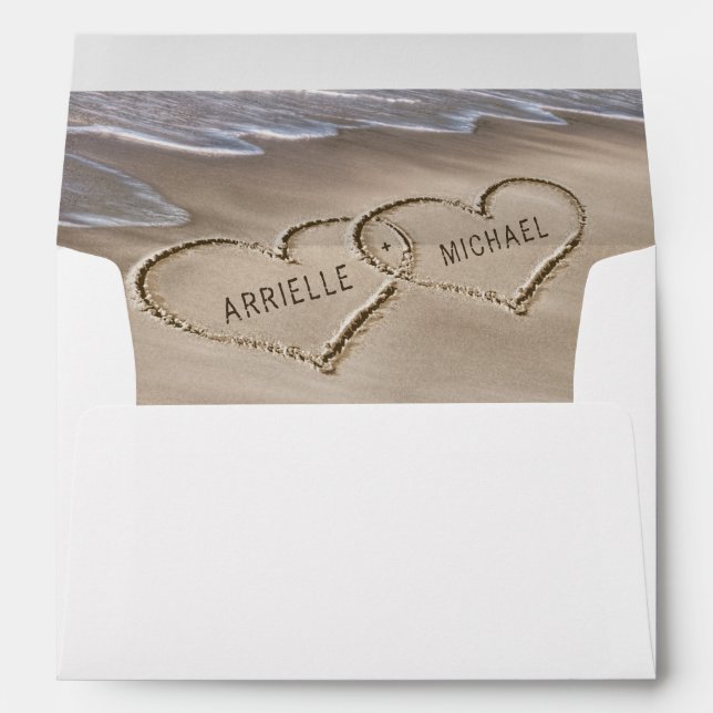 Beach Sand Hearts Elegant Tropical Modern Wedding Envelope (Back (Bottom))