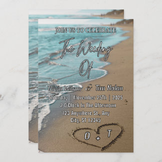 Beach Sand Hearts Elegant Tropical Modern Wedding Invitation
