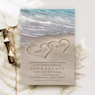 Beach Sand Hearts Elegant Tropical Modern Wedding Invitation