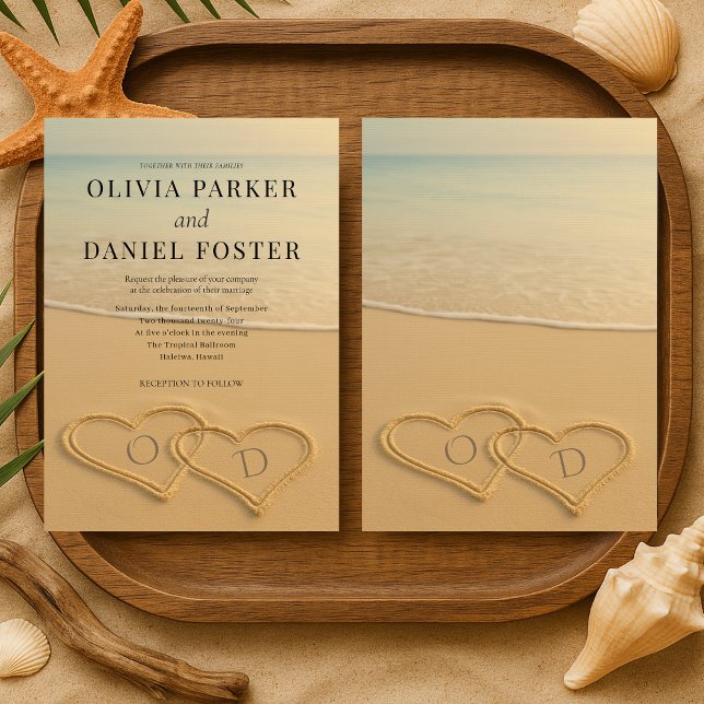 Beach Sand Hearts Monogram Tropical Wedding  Invitation (Creator Uploaded)