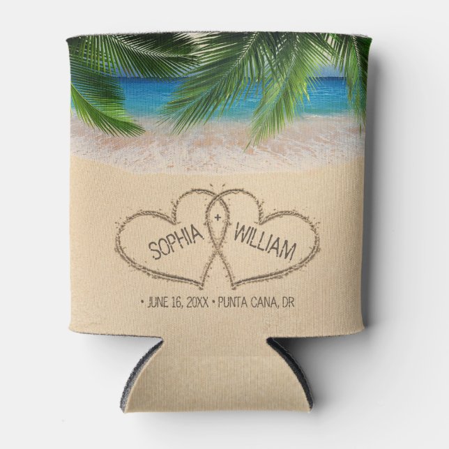 Beach Sand Hearts Palm Wedding Tropical Can Cooler (Front)