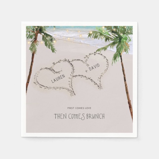 Beach Sand Hearts Tropical Palm | Modern Wedding Napkin (Front)