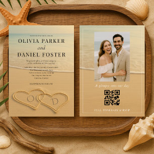 Beach Sand Hearts Tropical Photo QR Code Wedding Invitation