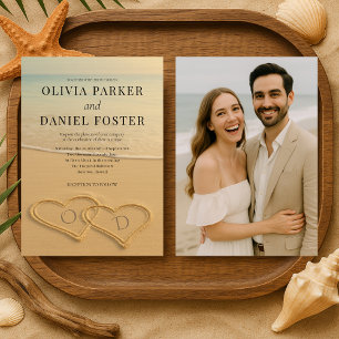 Beach Sand Hearts Tropical Photo Wedding Invitation