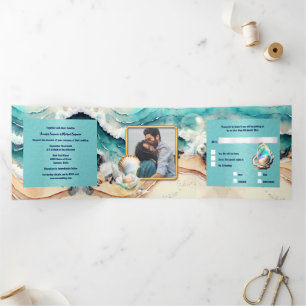 Beach sand ocean waves seashells nautical chic Tri-Fold invitation