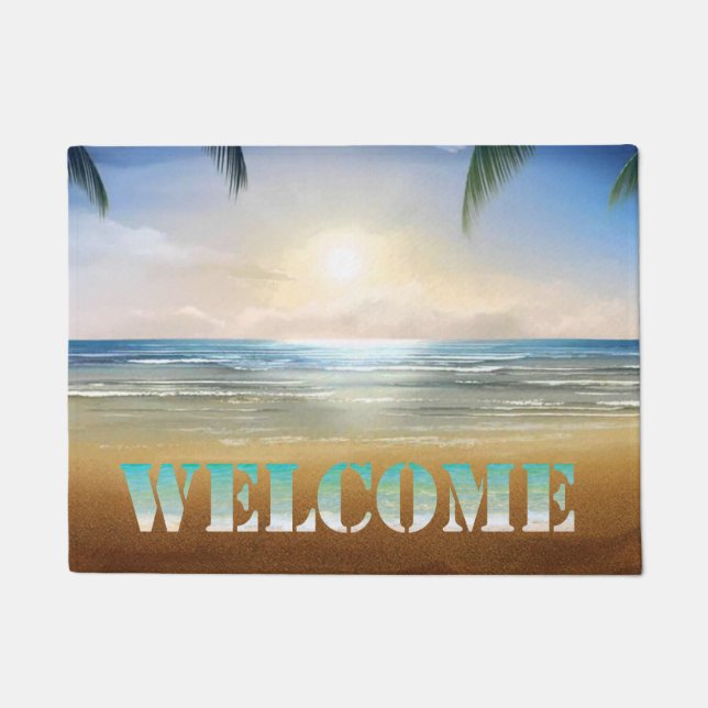 Beach,Sand, Palms, Sunset  ,Welcome Doormat (Front)