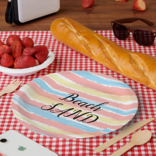 Beach Sand Pink Yellow Blue Watercolor Paper Plate