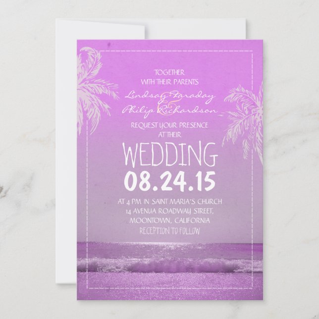 BEACH sand sea waves & palms wedding invitation (Front)