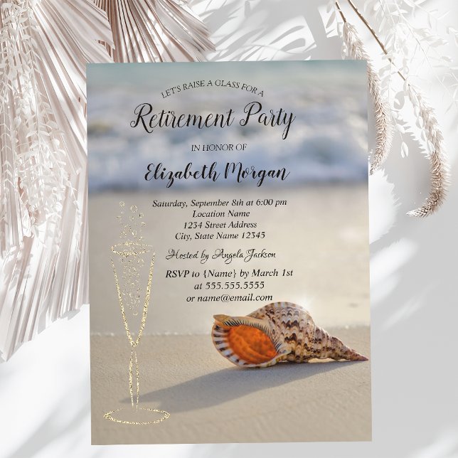 Beach Sand Seashell Wine Glass Retirement Invitation (Creator Uploaded)