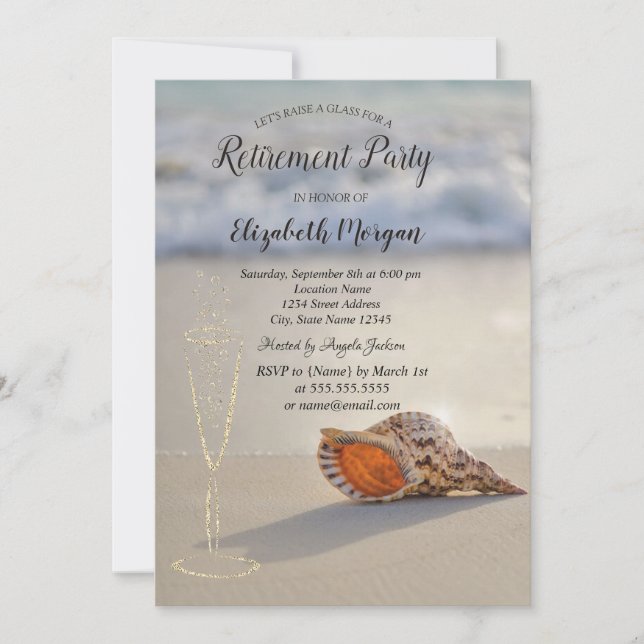 Beach Sand Seashell Wine Glass Retirement Invitation (Front)