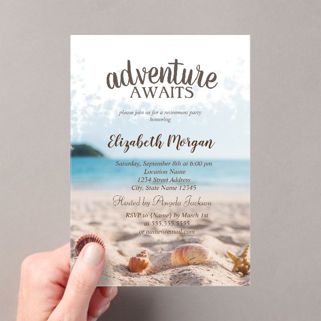 Beach,Sand,Seashells Retirement Party Acrylic Invitations (Insitu (Handheld))