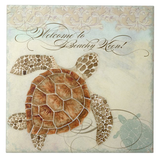 Beach Sand Seashore Collage Turtle Sea Horse Shell Tile (Front)