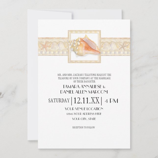 Beach Sand Stripe Conch Shell Elegant Weddings Art Invitation (Front)