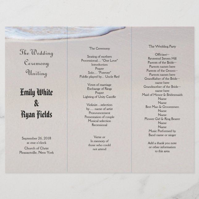 Beach Sand Tri-Fold Wedding Program Template (Front)