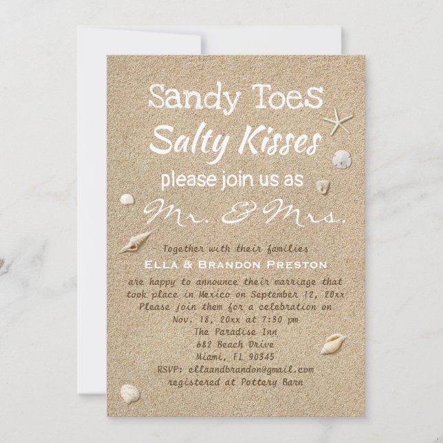 Beach Sand & White Typography Post Wedding Invitation (Front)