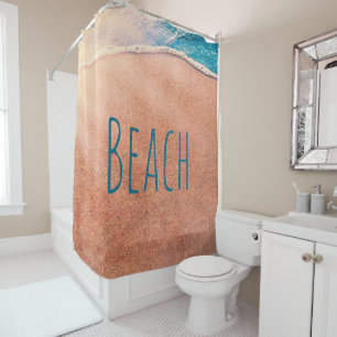 Beach Sandy Shoreline Blue Coastal Ocean Wave Shower Curtain