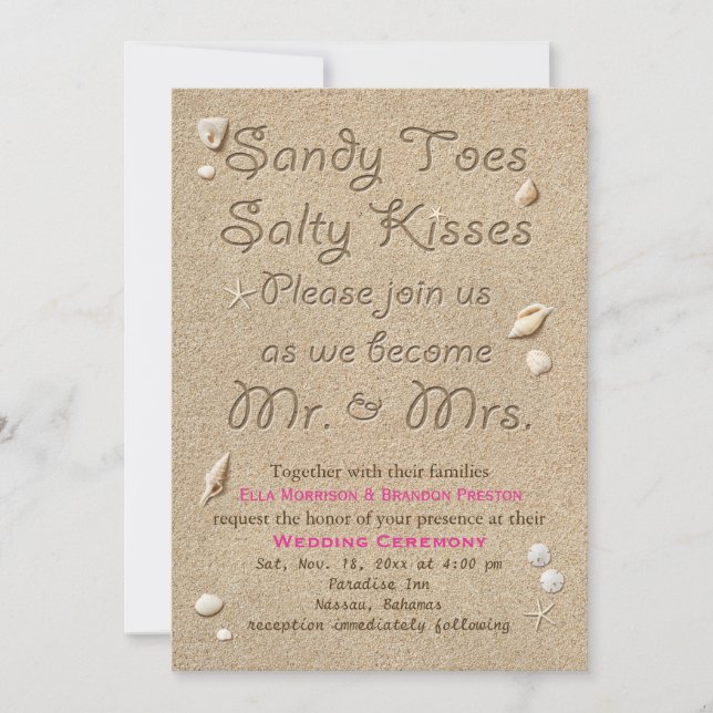 Beach Sandy Toes Salty Kisses Wedding Invite pink (Front)
