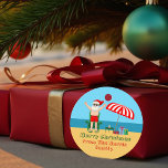 Beach Santa Claus Custom Sunny Christmas Party Favour Tags<br><div class="desc">This cute custom Christmas in July party favour tag makes perfect summer party decor for a beach bash or pool gathering. Make it a fun north pole themed extravaganza with Santa Claus in his swimming trunks next to a red and white striped beach umbrella and gifts. I've never seen Mr....</div>