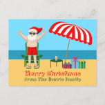 Beach Santa Claus Cute Custom Christmas Postcard<br><div class="desc">This cute custom sunny Christmas postcard makes the perfect postcard for warm weather at the pool or beach. Make it a fun north pole themed extravaganza with Santa Claus in his swimming trunks next to a red and white striped beach umbrella and gifts. I've never seen Mr. Klaus in a...</div>