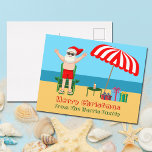 Beach Santa Claus Cute Custom Christmas Postcard<br><div class="desc">This cute custom sunny Christmas postcard makes the perfect postcard for warm weather at the pool or beach. Make it a fun north pole themed extravaganza with Santa Claus in his swimming trunks next to a red and white striped beach umbrella and gifts. I've never seen Mr. Klaus in a...</div>
