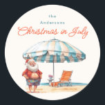 Beach Santa Watercolor Christmas in July Party BBQ Classic Round Sticker<br><div class="desc">This Christmas in July collection features watercolor retro illustrations of Santa Claus at the beach, with a cool umbrella and fun outfit. Get ready to celebrate the ultimate summer party with a festive twist! Our Christmas in July collection is perfect for your family BBQ turned retro pool party extravaganza. With...</div>