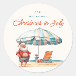 Beach Santa Watercolor Christmas in July Party BBQ Classic Round Sticker
