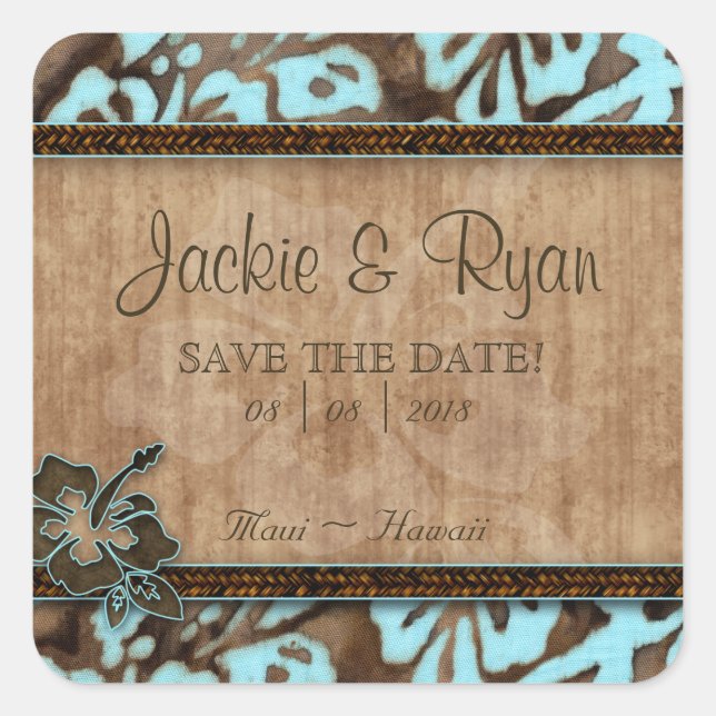 Beach Save Date Wedding Stickers Hibiscus Flower (Front)