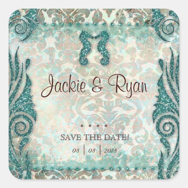 Beach Save Date Wedding Stickers Seahorse (Front)