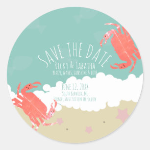 Beach Save the Date Crab Sand Ocean Waves   Classic Round Sticker