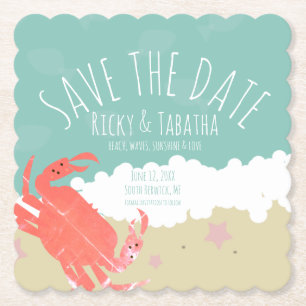 Beach Save the Date Crab Sand Ocean Waves Paper Coaster