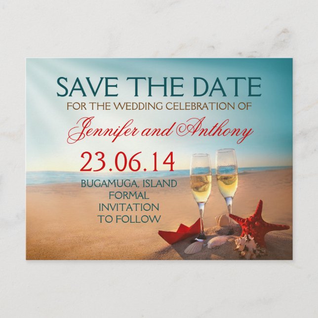 beach save the date romantic announcement postcard (Front)