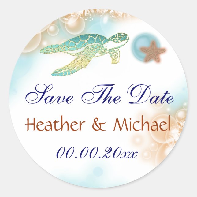 Beach save the date turtle starfish classic round sticker (Front)