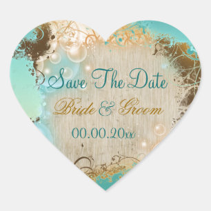 Beach "save the date" wedding aqua white heart sticker