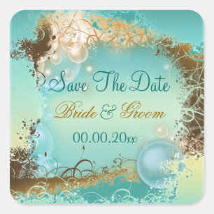 Beach "save the date" wedding aqua white square sticker