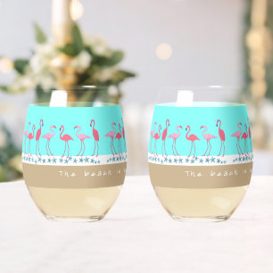 Beach Saying Flamingos  Stemless Wine Glass