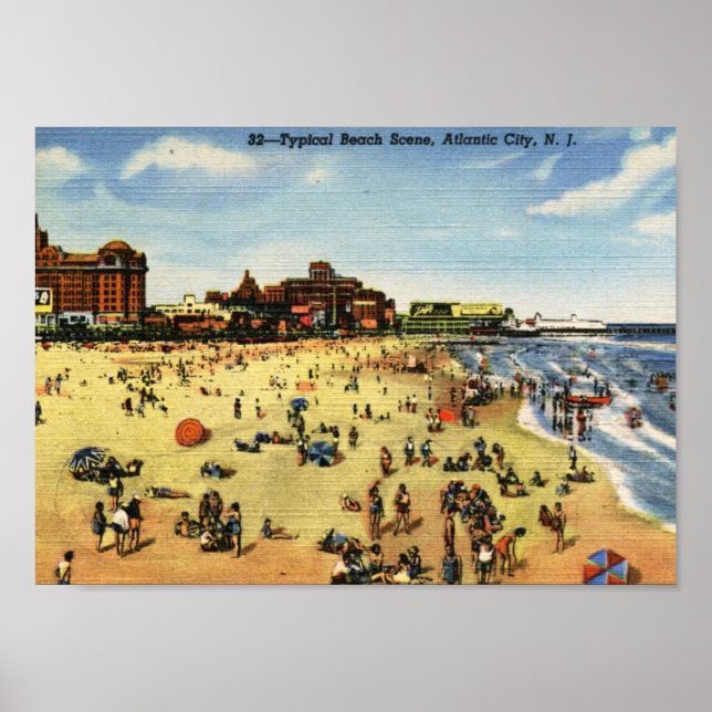 Beach Scene, Atlantic City Vintage Poster (Front)