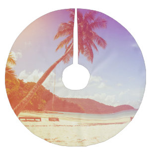 Beach scene, coconut tree, wooden bed. brushed polyester tree skirt
