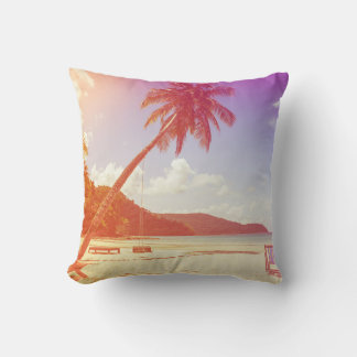 Beach scene, coconut tree, wooden bed. cushion