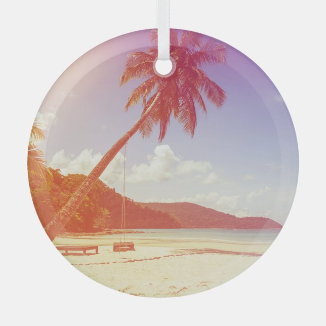 Beach scene, coconut tree, wooden bed. glass tree decoration (Front)