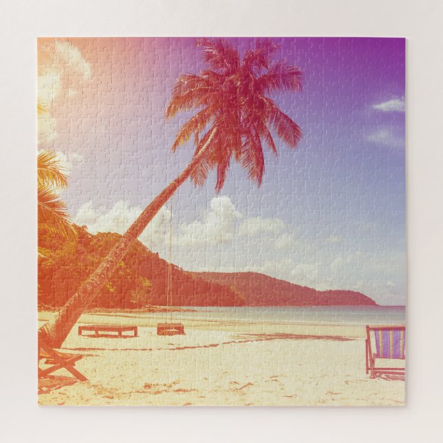 Beach scene, coconut tree, wooden bed. jigsaw puzzle (Vertical)