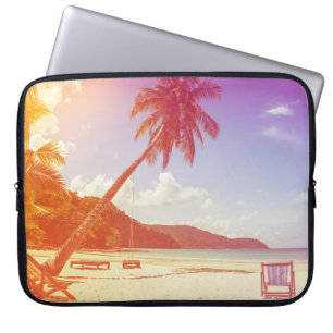 Beach scene, coconut tree, wooden bed. laptop sleeve