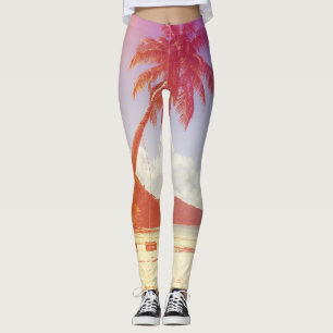 Beach scene, coconut tree, wooden bed. leggings