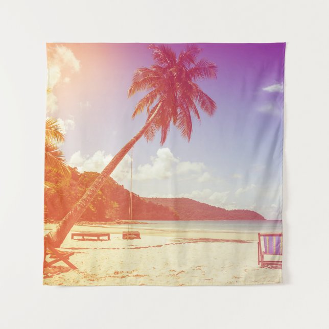 Beach scene, coconut tree, wooden bed. tapestry (Front)