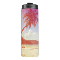 Beach scene, coconut tree, wooden bed.